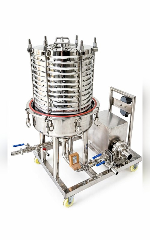 Chemtech Enterprise stainless steel sparkler filter – open plate stack view on mobile trolley – photo 3